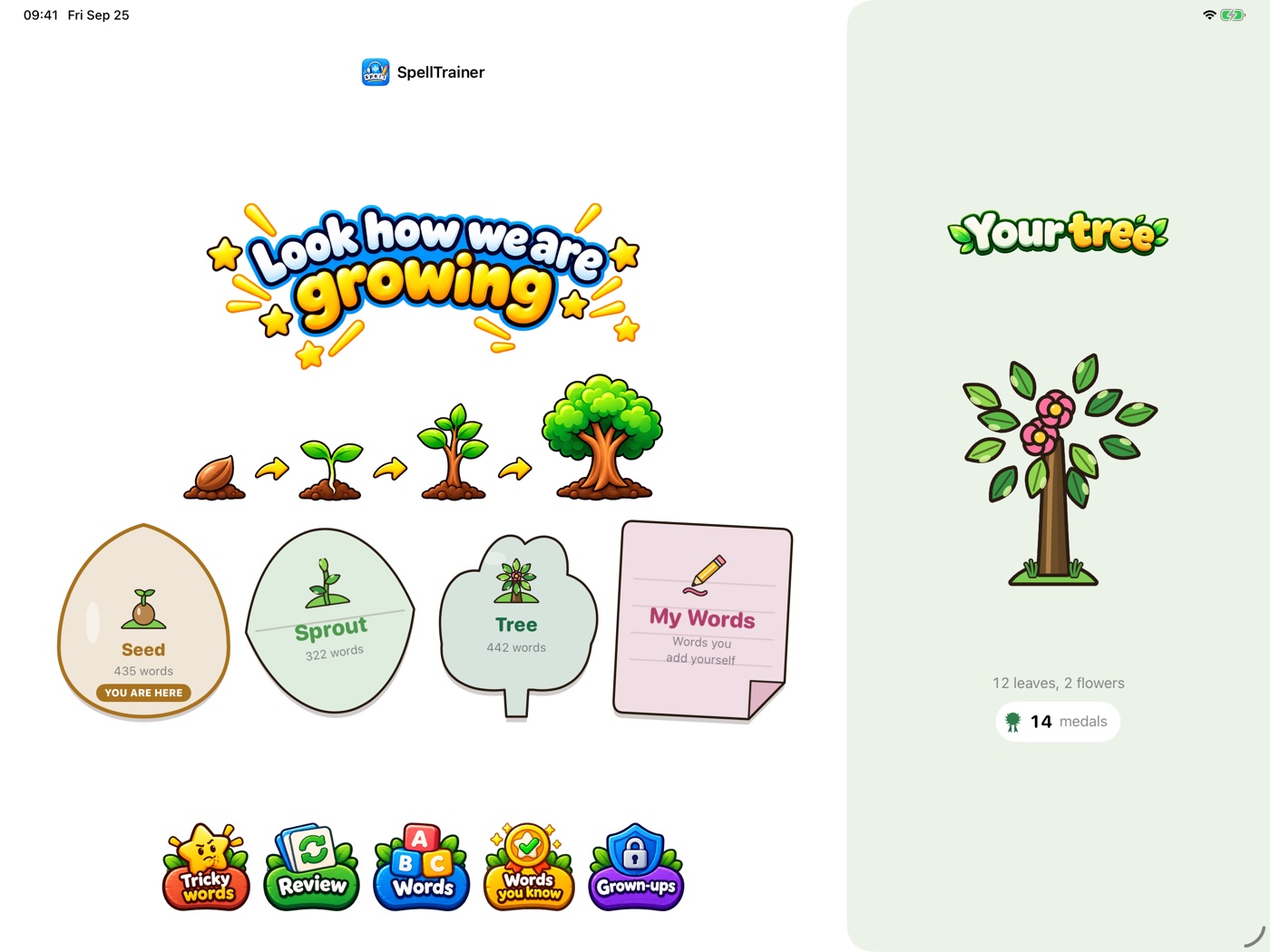 The SpellTrainer home screen under the banner “Look how we are growing” and a row of pictures from a seed to a tree, with four cards each the shape of what it is for — Seed, Sprout, Tree and My Words — five badges along the bottom, and her own tree in the column on the right under the words “Your tree”, its leaves and flowers counted and a count of medals.